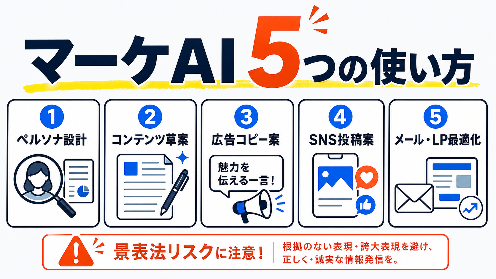 マーケティングでの生成AI活用5ユースケース（ペルソナ設計・コンテンツ草案・広告コピー案・SNS投稿案・メール・LP最適化）を番号カードで並べたインフォグラフィック