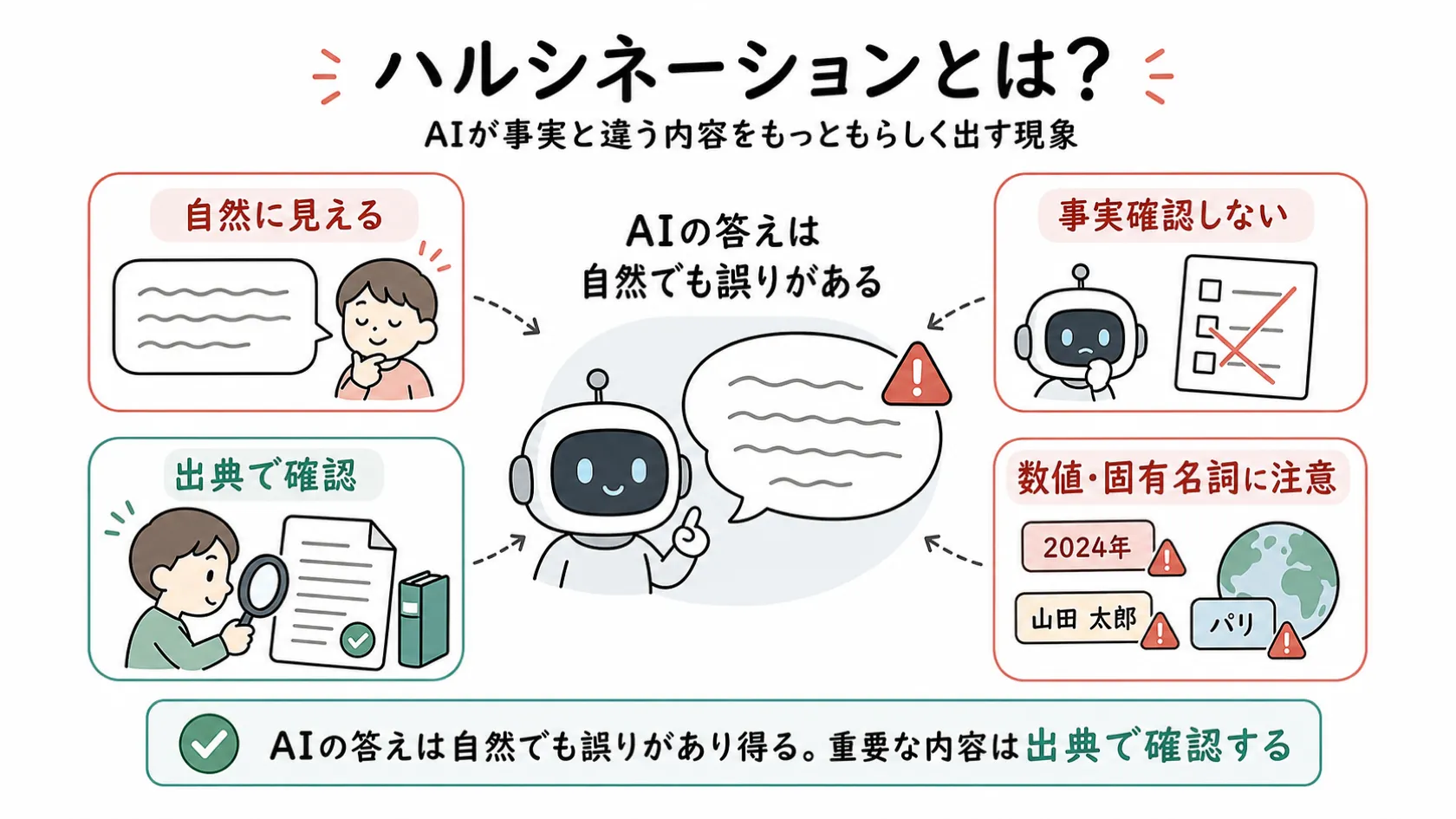 中心にAIキャラクターと自然な見た目の吹き出し＋警告マークを置き、周囲に『自然に見える』『事実確認しない』『出典で確認』『数値・固有名詞に注意』の4ポイントを配し、AIの答えは自然でも誤りがあり得るため重要な内容は出典で確認する、というハルシネーションの注意点と対処を示す図解