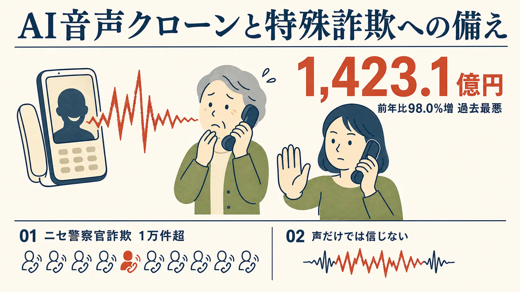 AI音声クローンで進化する特殊詐欺の脅威を示すインフォグラフィック。2025年確定値の特殊詐欺被害額1,423.1億円（前年比98.0%増、過去最悪）とニセ警察官詐欺1万件超のデータ、そして「声だけでは信じない」警戒姿勢を表す。