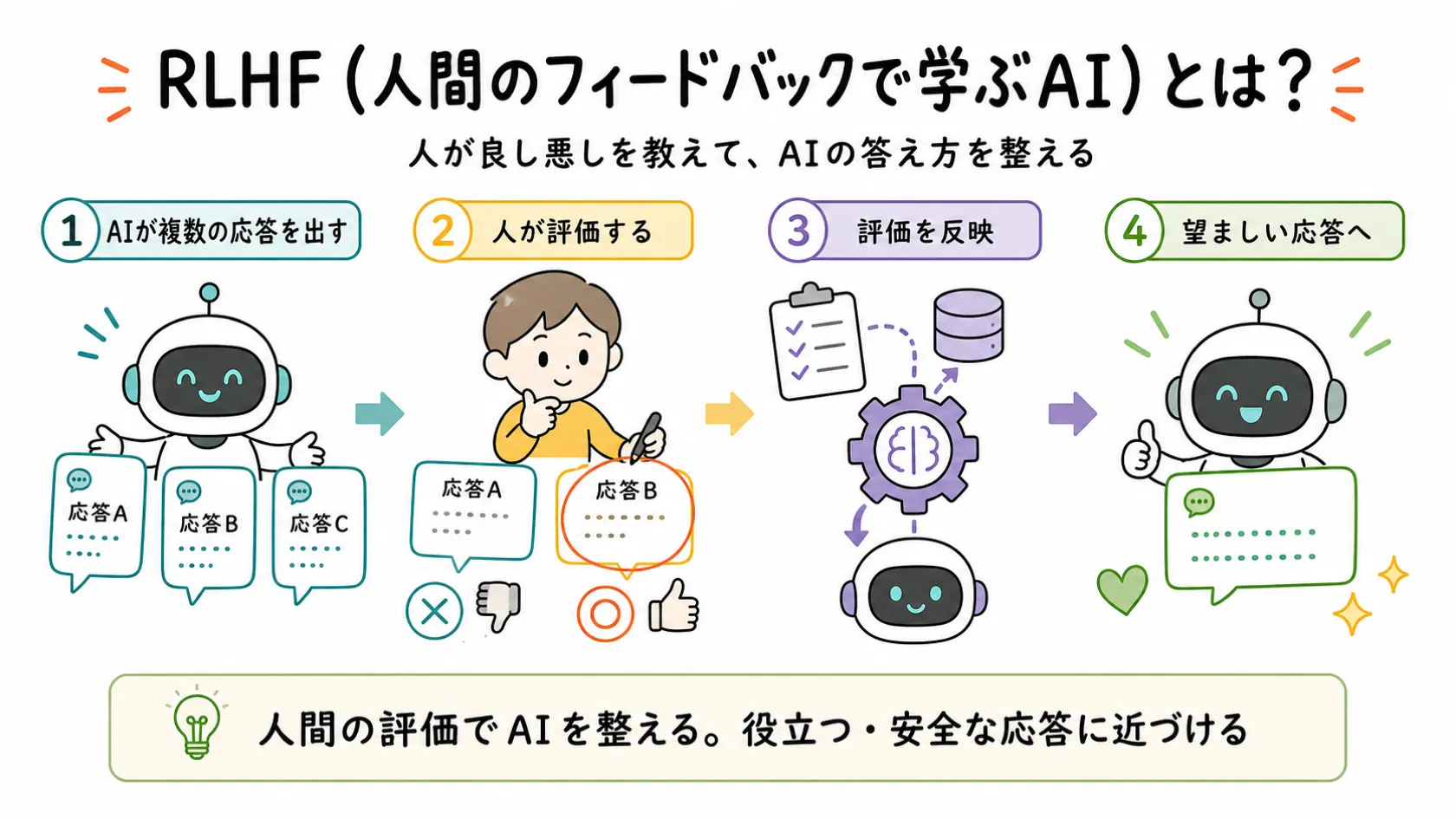 RLHFの4段階プロセスを示す図解。AIが複数の応答を出す→人が評価する→評価を反映する→望ましい応答へという左から右への4ステップフローで、人間の評価がAIを改善する仕組みを表す