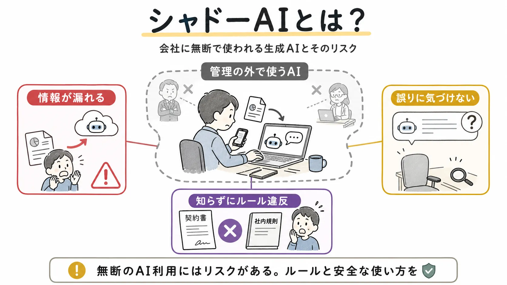 会社の管理外で使われる生成AIが、情報漏えい・誤りへの気づきにくさ・ルール違反という3つのリスクにつながることを示す図解