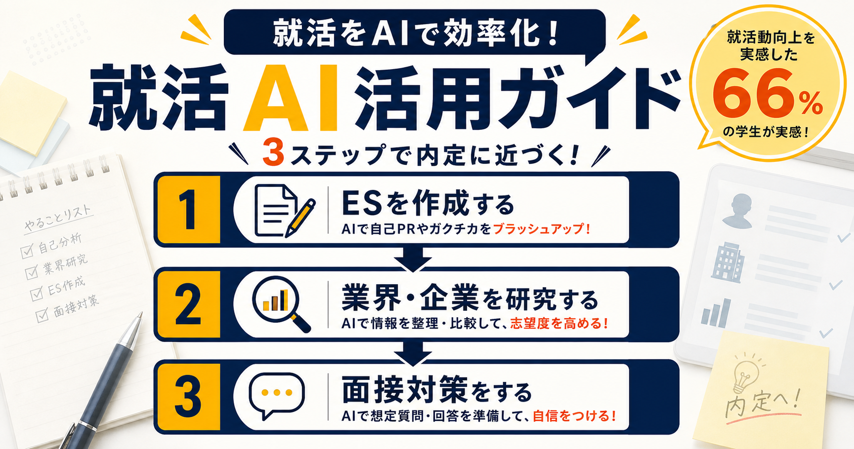 就活でAIを活用する3ステップ（ES・業界研究・面接）を示すインフォグラフィック