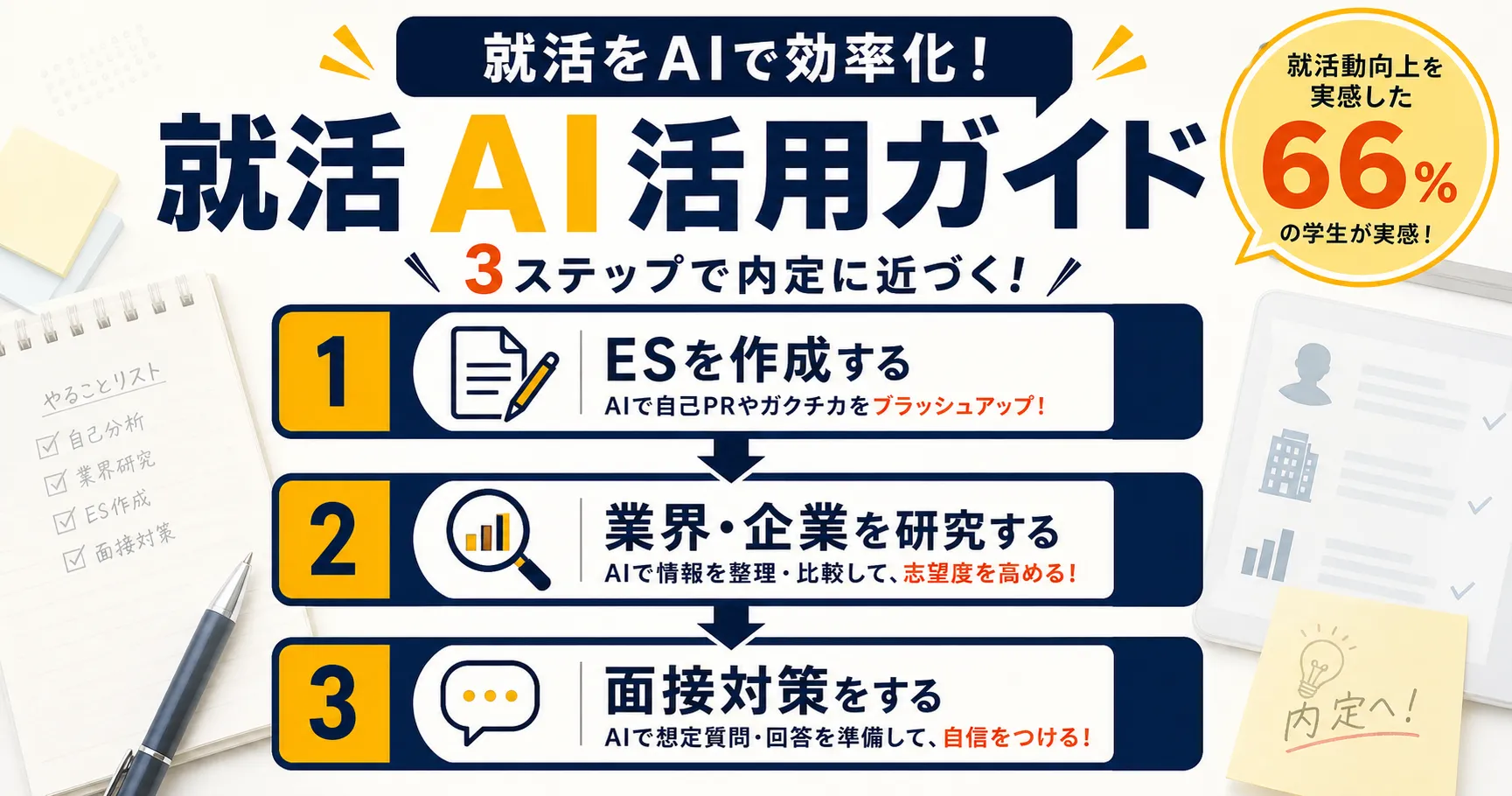就活でAIを活用する3ステップ（ES・業界研究・面接）を示すインフォグラフィック