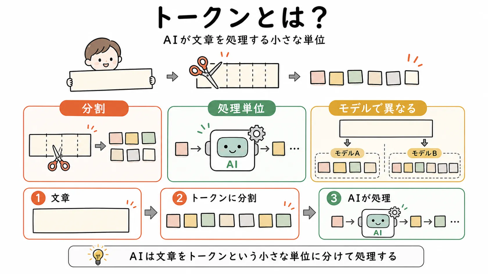 上に「トークンとは？」の一言定義、中段に要点3つ（分割・処理単位・モデルで異なる）、下段に「文章→トークンに分割→AIが処理」の3段階の流れを、トークンを抽象的なタイルで表して示した図解。