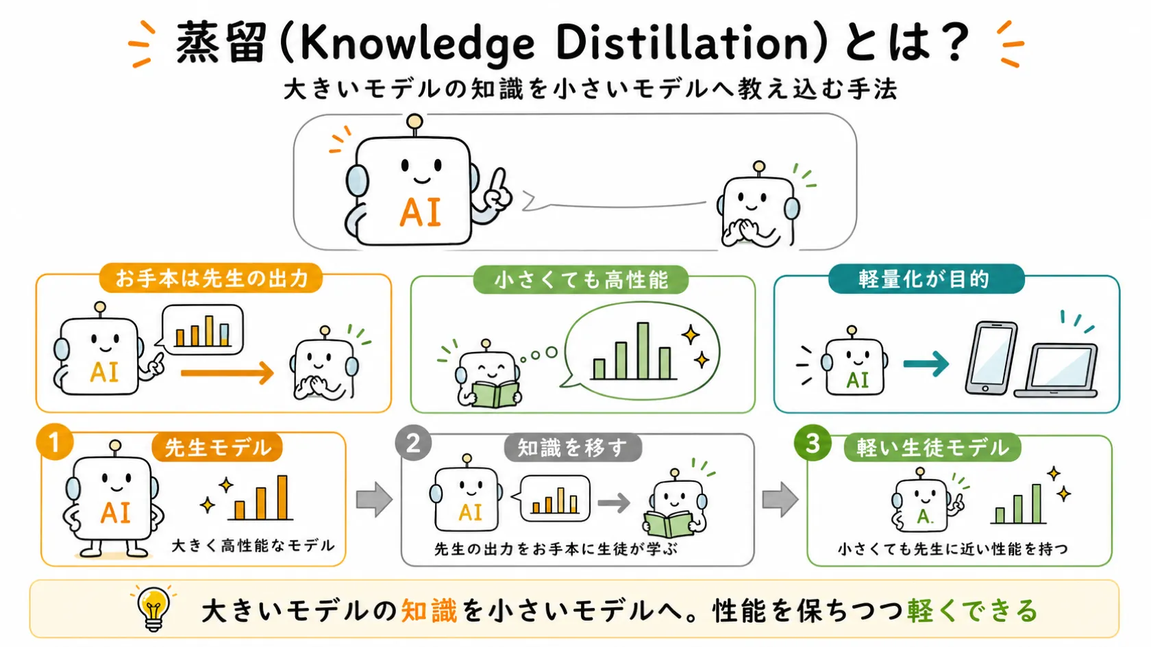 蒸留（Knowledge Distillation）の仕組みを示す図解。上段の一言定義、中段の要点3カード（先生の出力がお手本・小さくても高性能・軽量化が目的）、下段の先生モデル→知識を移す→軽い生徒モデルという3段階の流れで構成