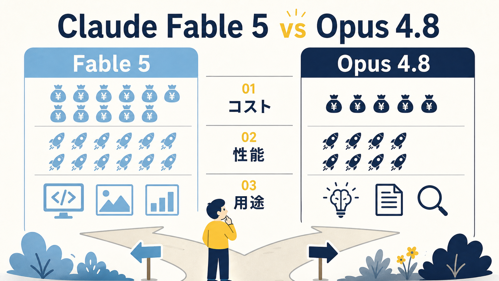 Claude Fable 5 と Opus 4.8 の比較ヒーロー図。中央の人物が分かれ道で2モデルを見比べ、コスト・性能・用途の3軸で用途に応じて選び分けることを示す。