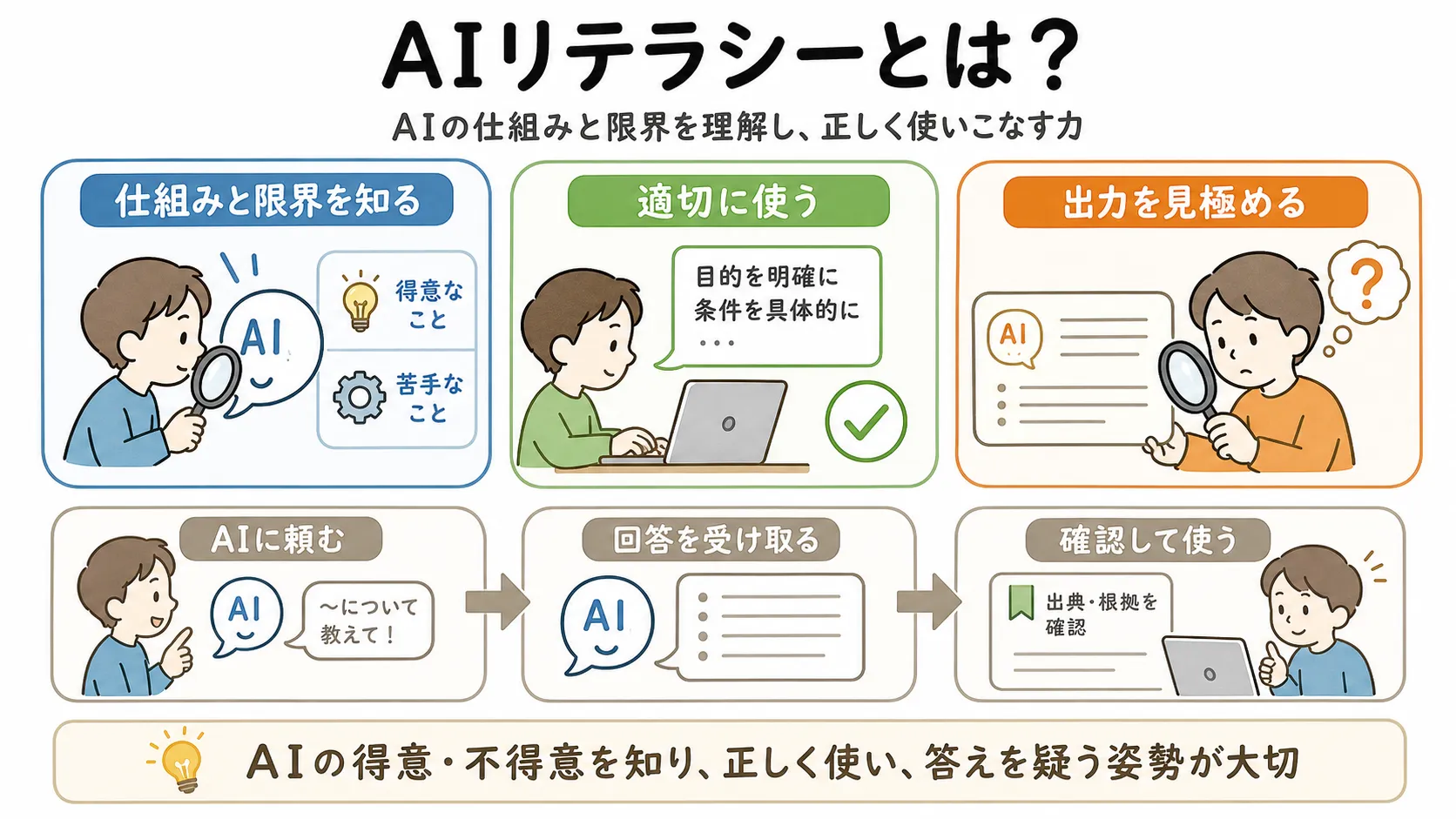 AIリテラシーを構成する「仕組みと限界を知る」「適切に使う」「出力を見極める」という3つの要点と、AIに頼み回答を受け取って確認して使うまでの3段階の流れを示す図解
