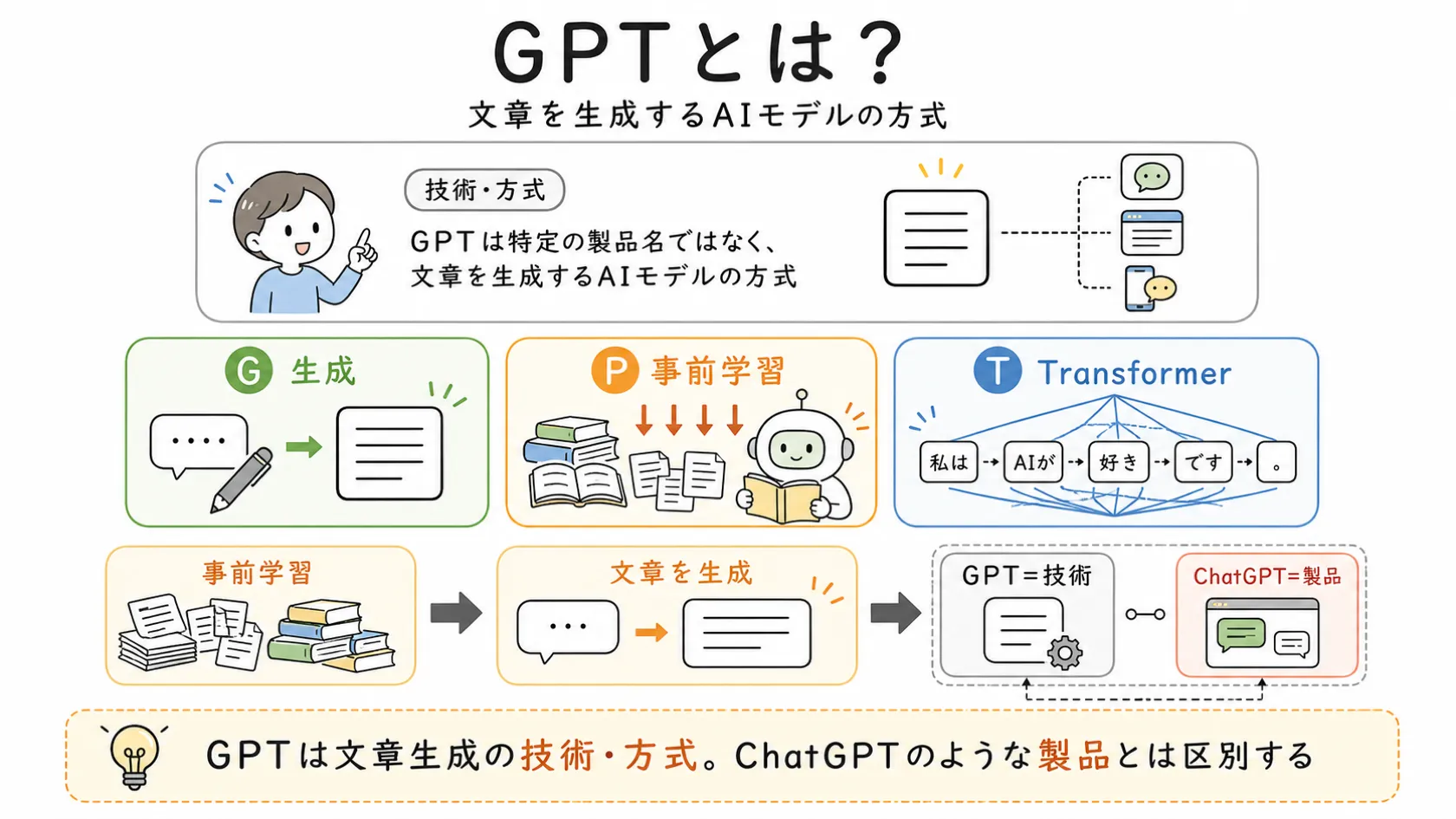 GPTが文章を生成するAIモデルの方式であることを一言で定義し、G生成・P事前学習・TTransformerの3要点を示したうえで、事前学習から文章生成への流れと、技術であるGPTと製品であるChatGPTの区別を順に示す図解