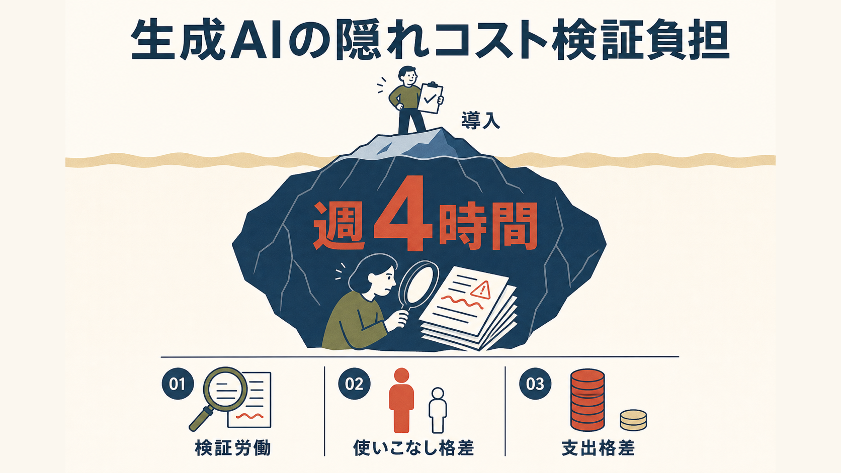 氷山の断面図のイラスト。水面上のわずかな一角には「導入」とラベルがつき、チェックリストを持って満足げな人物が立つ。水面下には氷山のはるかに大きな塊が沈んでおり、その中に検証時間を示すキーナンバー「週4時間」と、虫眼鏡で書類を検証する人物が描かれる。上部に見出し「生成AIの隠れコスト検証負担」、下部に3つの要点ブロック（01検証労働、02使いこなし格差、03支出格差）が並ぶ。