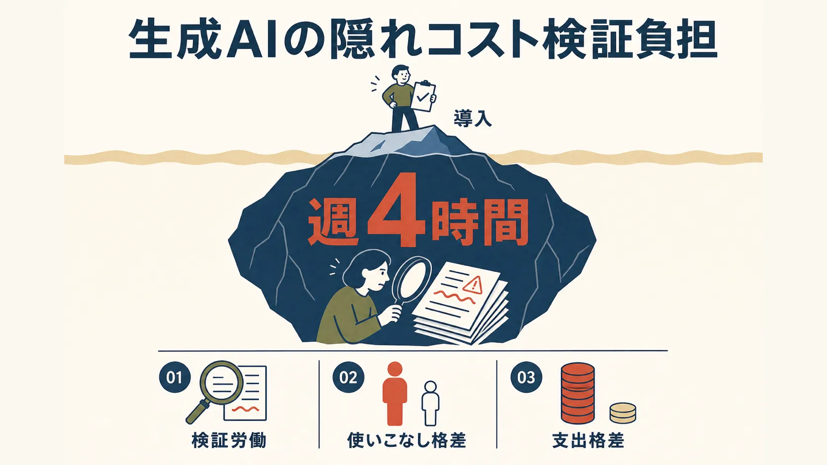 氷山の断面図のイラスト。水面上のわずかな一角には「導入」とラベルがつき、チェックリストを持って満足げな人物が立つ。水面下には氷山のはるかに大きな塊が沈んでおり、その中に検証時間を示すキーナンバー「週4時間」と、虫眼鏡で書類を検証する人物が描かれる。上部に見出し「生成AIの隠れコスト検証負担」、下部に3つの要点ブロック（01検証労働、02使いこなし格差、03支出格差）が並ぶ。
