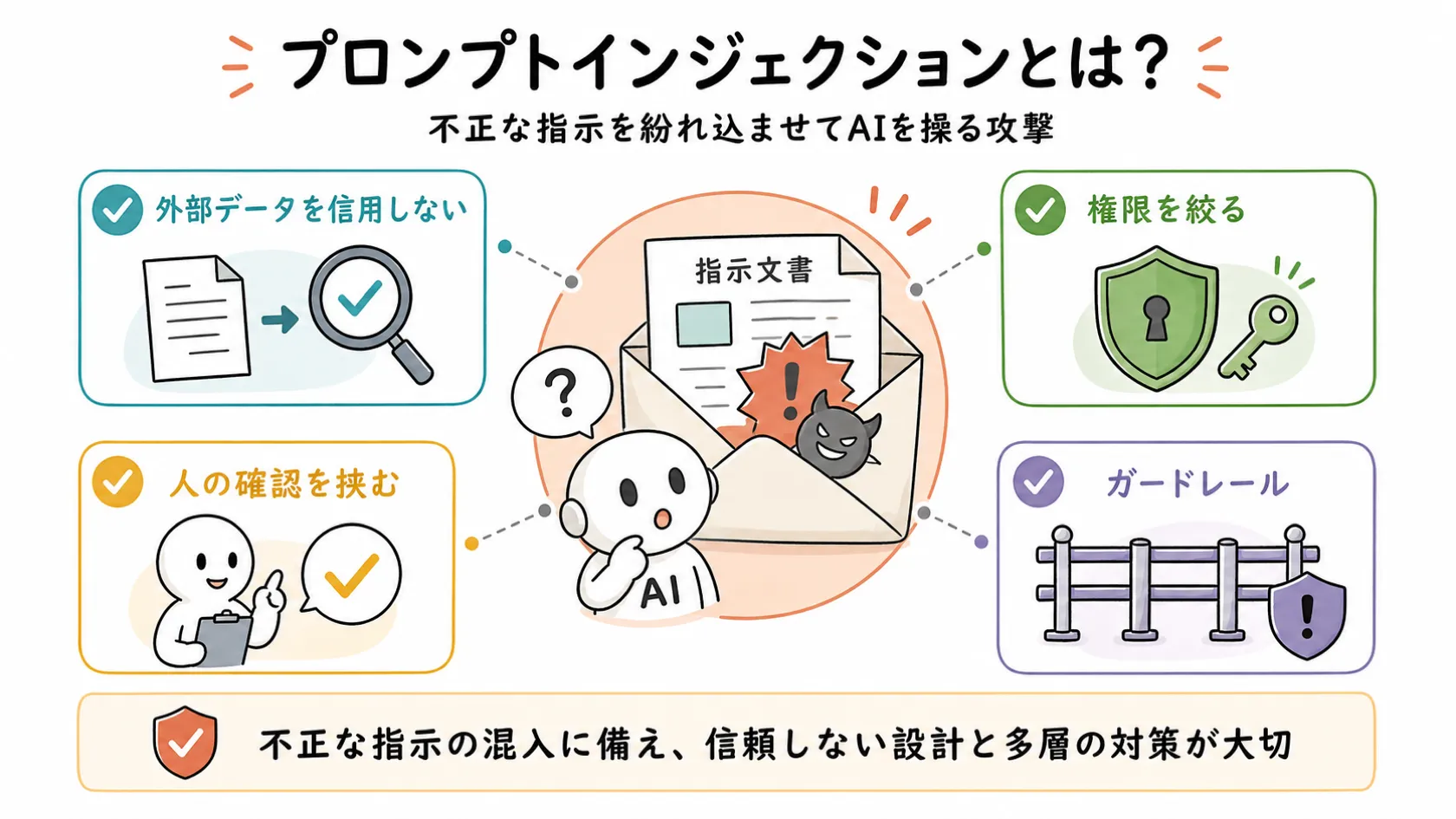 プロンプトインジェクション攻撃の概念と対策を示す図解。中心に不正な指示が正規の指示に紛れ込む様子を記号的に表し、周囲に外部データを信用しない・権限を絞る・人の確認を挟む・ガードレールという4つの対策ポイントを配置