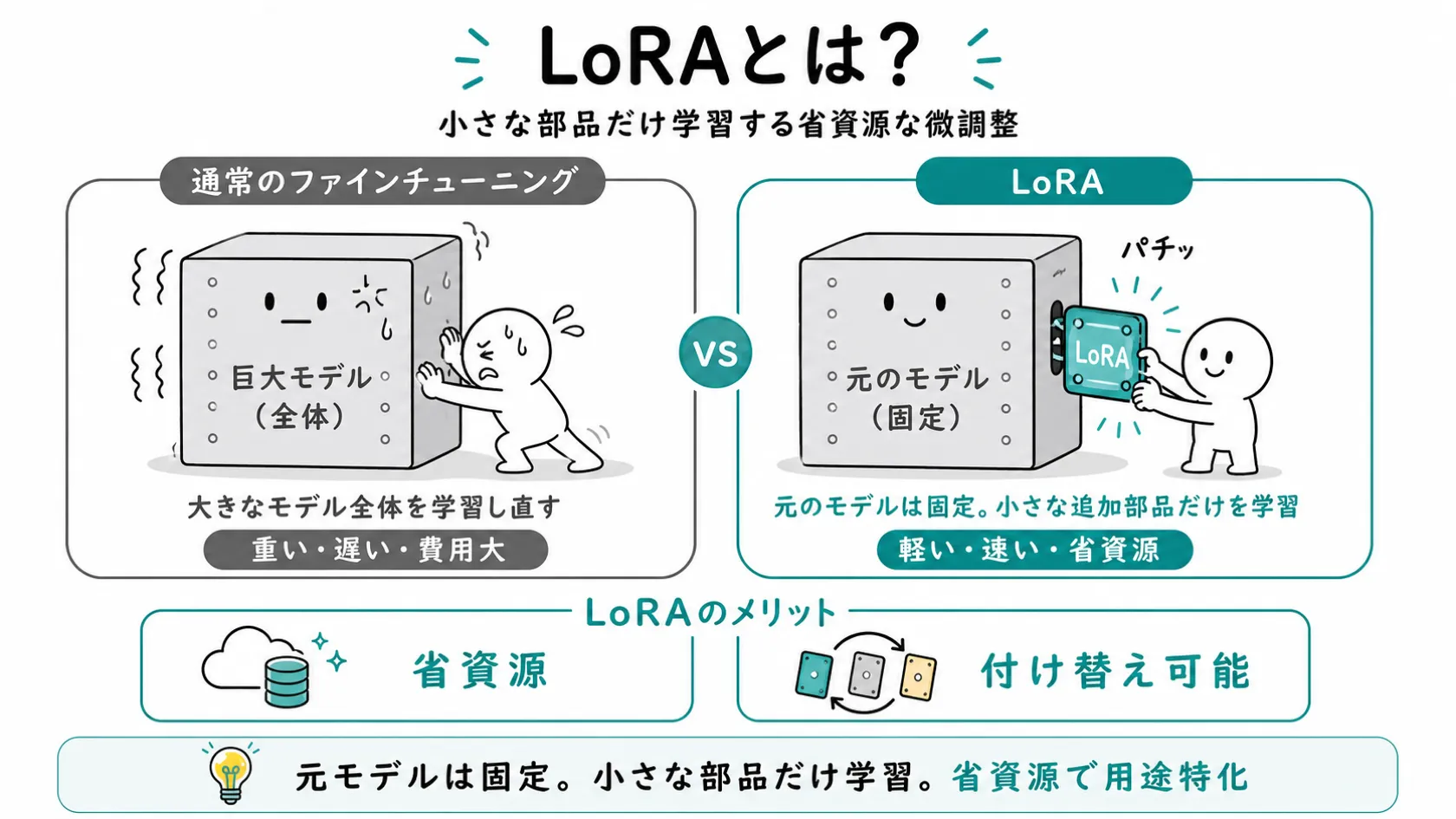 LoRAと通常のファインチューニングの比較図解。左が全体を学習する重いアプローチ、右がLoRAの小さな追加部品だけを学習する軽量アプローチで、省資源・付け替え可能というメリットを示す。