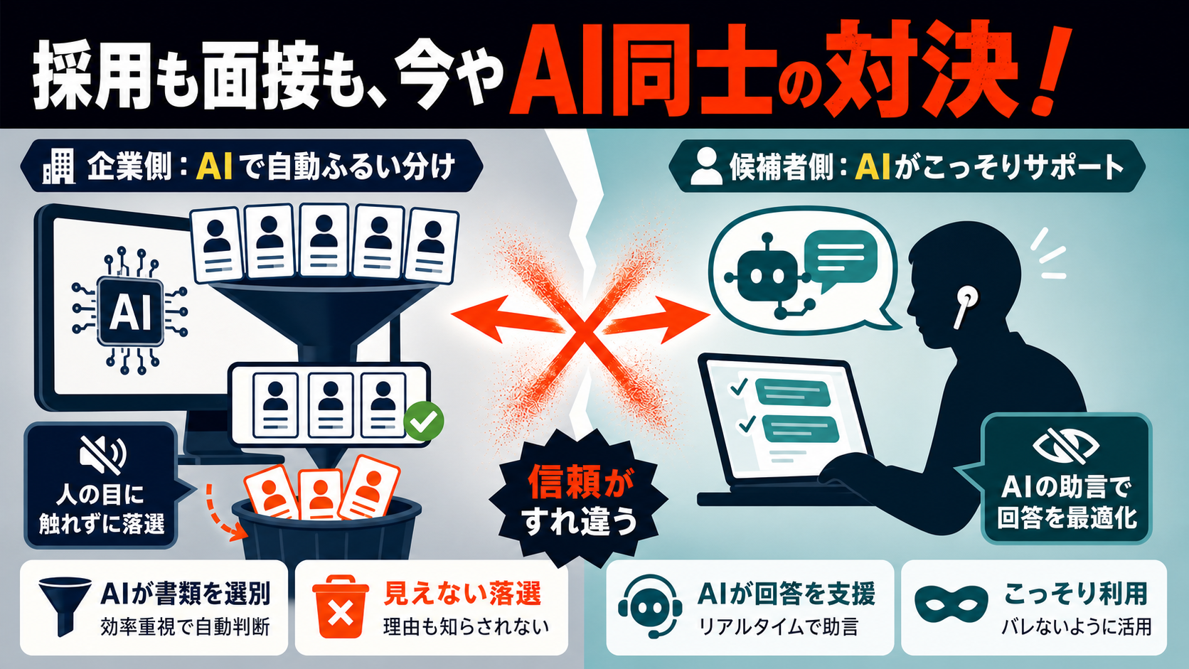 採用選考で企業側のAIによる機械的な選別と、候補者側のAIによる面接対策が左右対称に描かれ、両者の視線がすれ違い信用が崩れている様子を示すイラスト