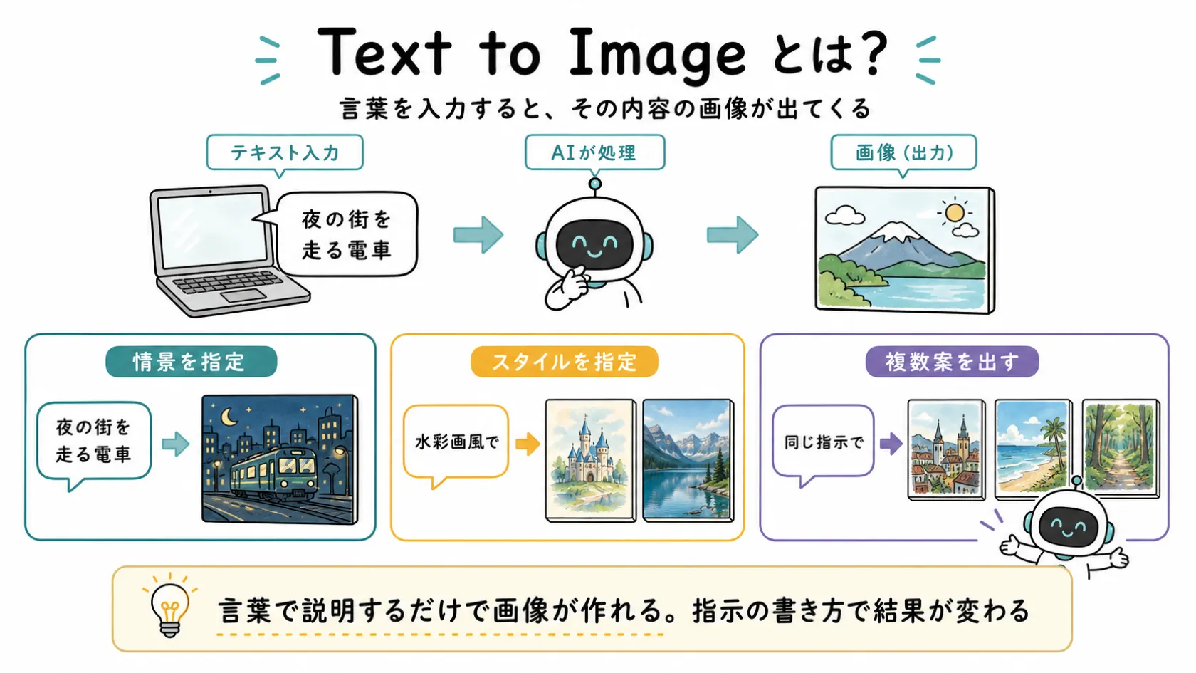 Text to Imageの処理の流れと3つの使い方を示す図解。上段に入力→AI→画像のシンプルなフロー、下段に情景を指定・スタイルを指定・複数案を出すの3種類の具体例カードを横並びで表示