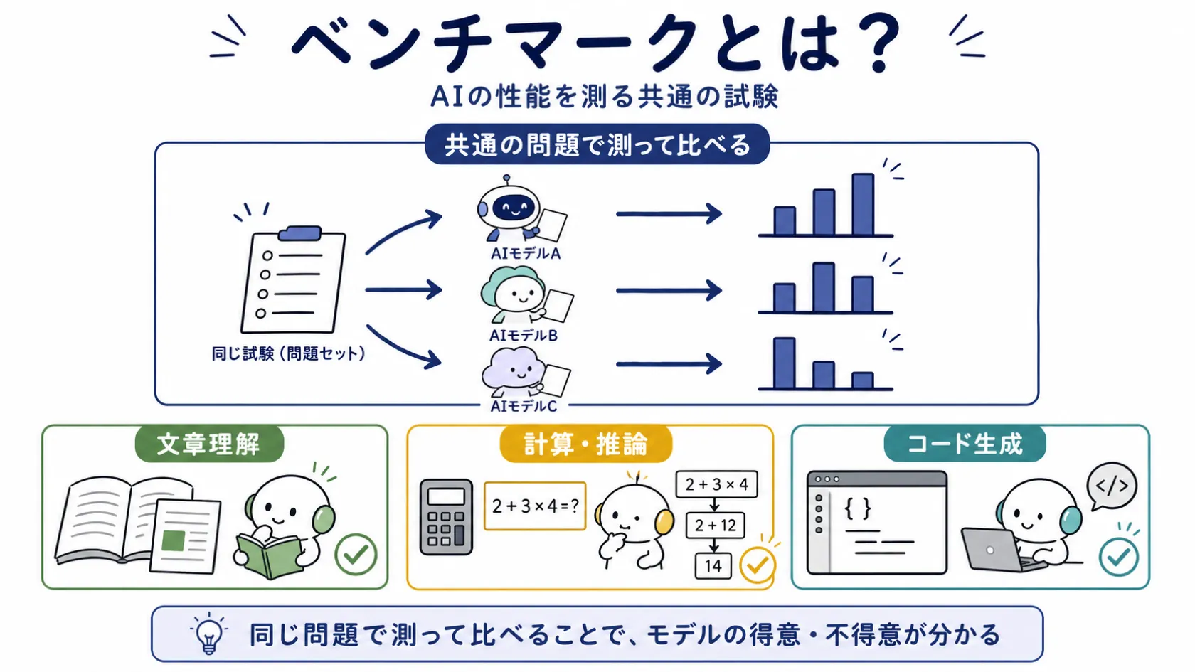 ベンチマークの概要（共通の問題で測って比べる）と、文章理解・計算推論・コード生成という3種類の具体的なテスト例を示す図解
