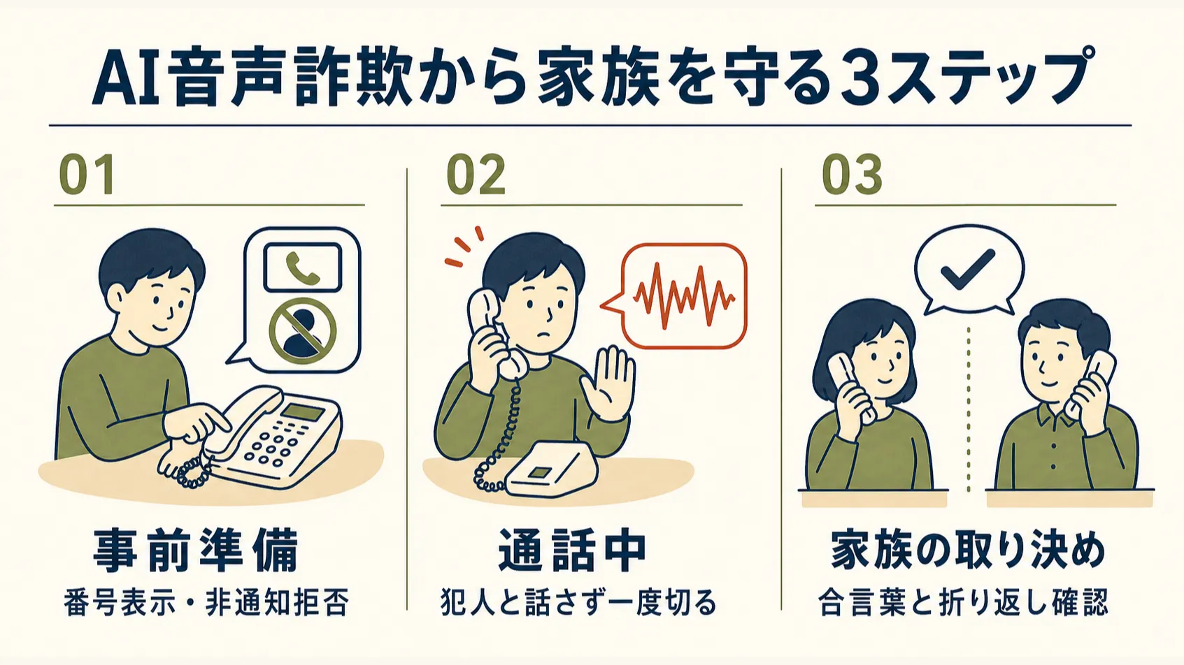 AI音声クローンを使った特殊詐欺への家庭の一次防衛策を、事前準備・通話中の対応・家族内の取り決めという3段階のタイムラインで示した図解。番号表示サービスの利用、犯人と話さず電話を切ること、合言葉と折り返し確認による家族内ルールを整理している。