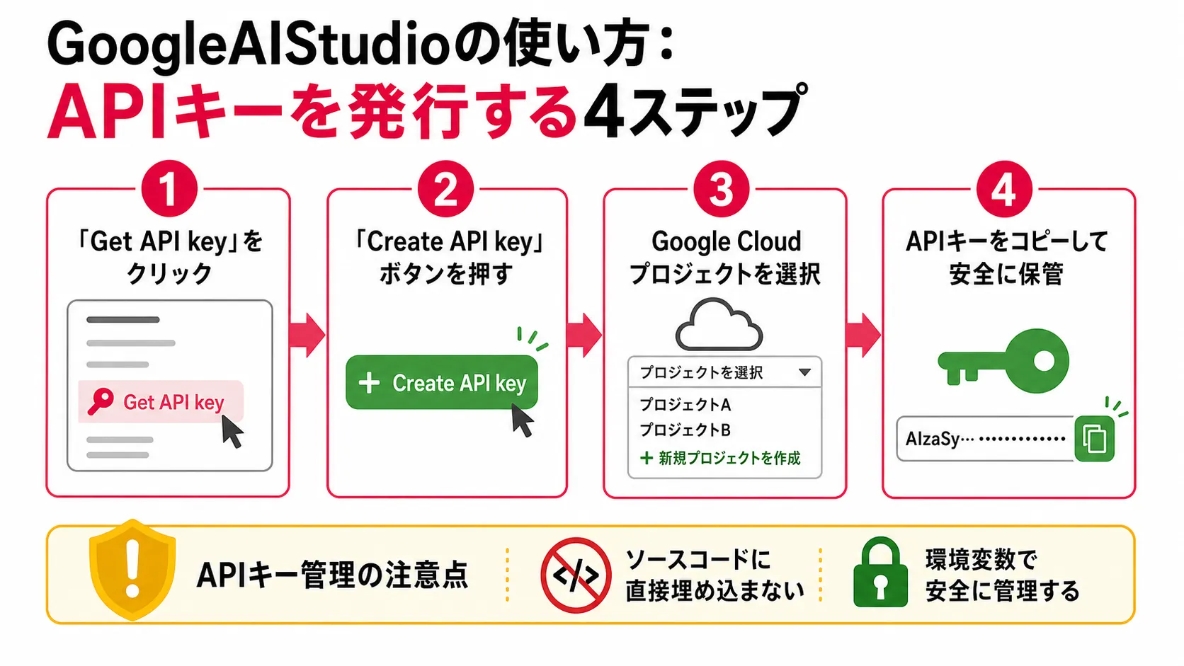 APIキーを発行する の要点を、本文の説明に沿って整理した図解。主要な判断軸、流れ、注意点だけを短いラベルで示している。